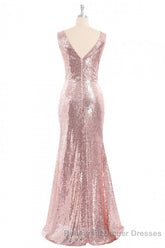 Rose Gold Sequin V-neck Long Semi Formal Prom Dress with Slit